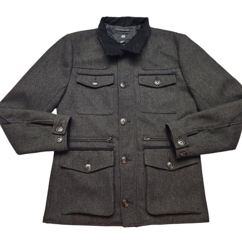 H&M Military Charcoal Grey Wool Blend Jacket Coat size 46 Front Pockets
